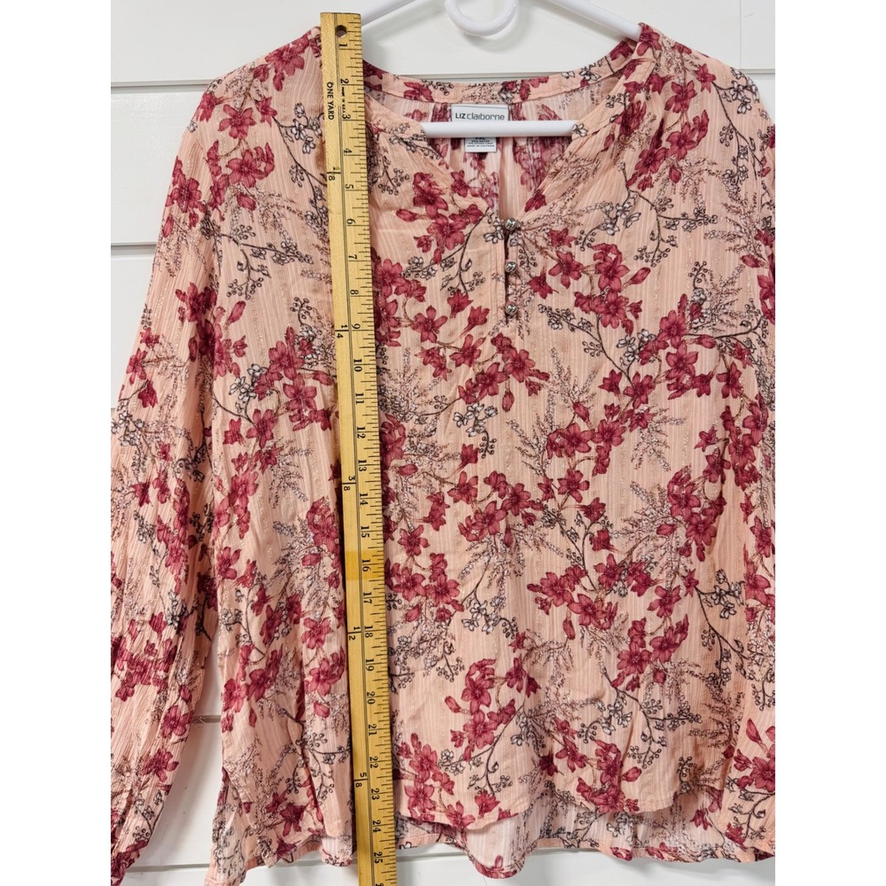 Liz Claiborne Petite PXL Floral Blouse Pink Gold Metallic Stripe Long Sleeve Top - Picture 2 of 7